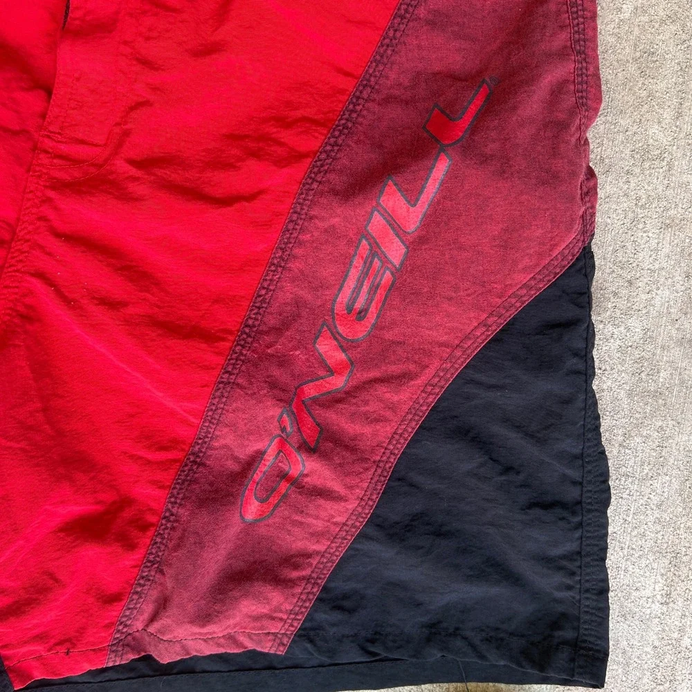 90s Vintage O'Neill Board Shorts Size 32 Red Black Colorblock Y2K Surf Baggies